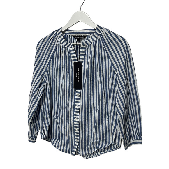 VERONICA BEARD TOP WOMENS MEDIUM JUDITH V-NECK PUFF SLEEVE BLOUSE BLUE WHITE - Picture 3 of 13